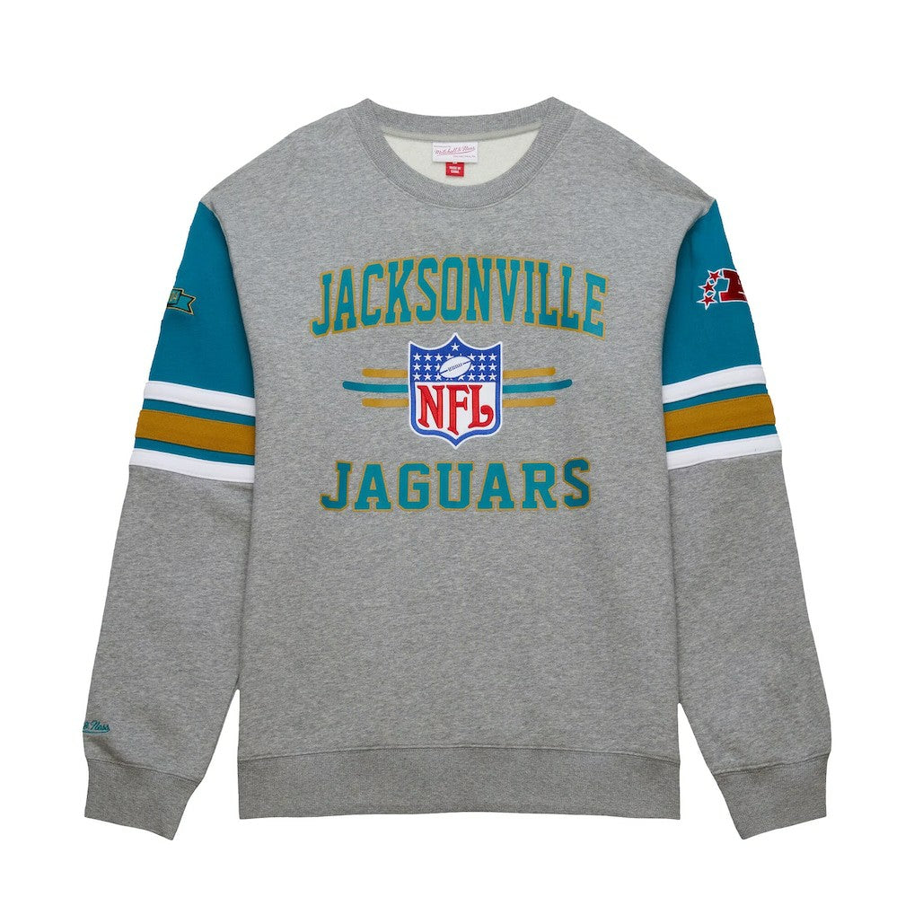 Jacksonville Jaguars All Over 4.0 Vintage Logo Pullover Sweatshirt Heather Gray | Mitchell & Ness