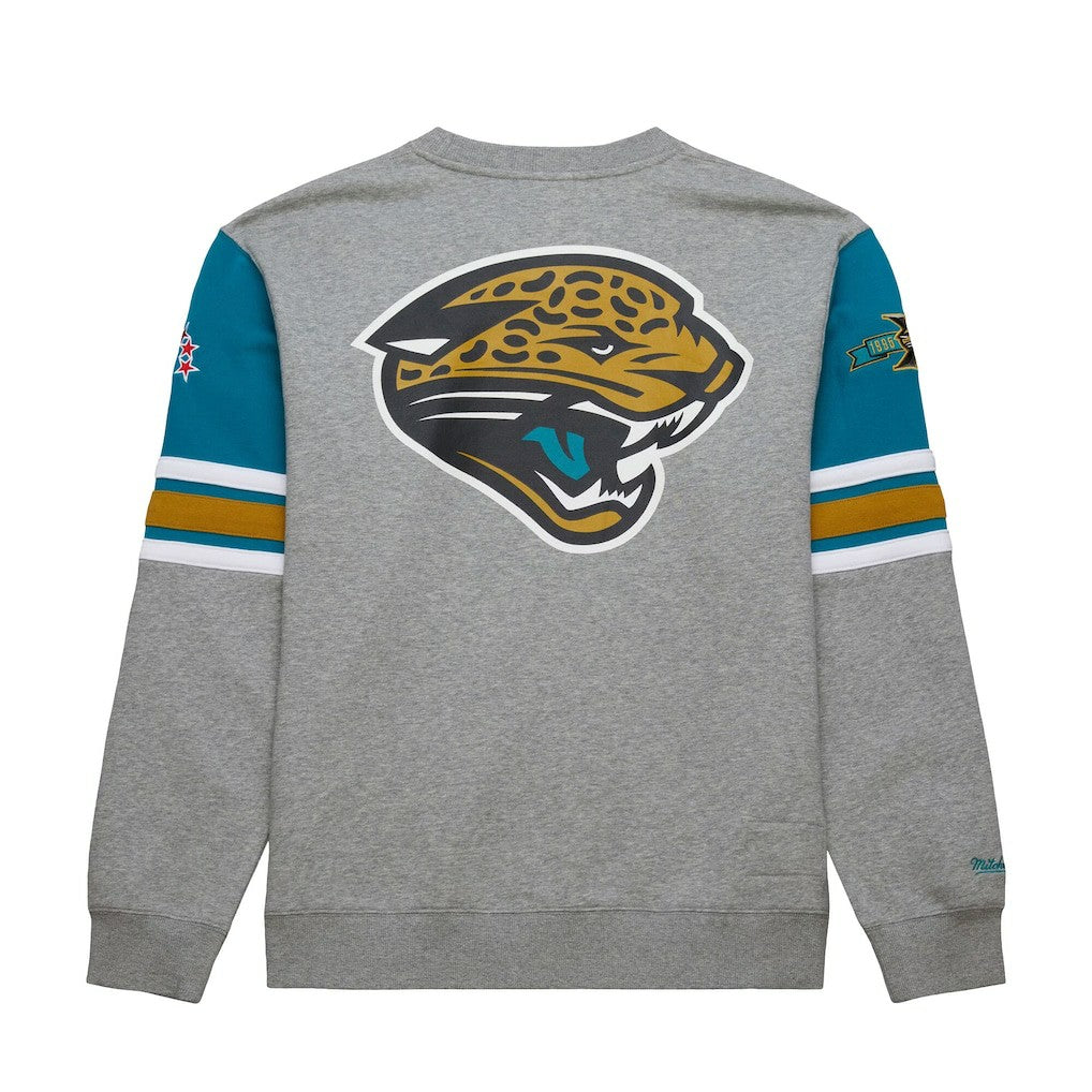 Jacksonville Jaguars All Over 4.0 Vintage Logo Pullover Sweatshirt Heather Gray | Mitchell & Ness