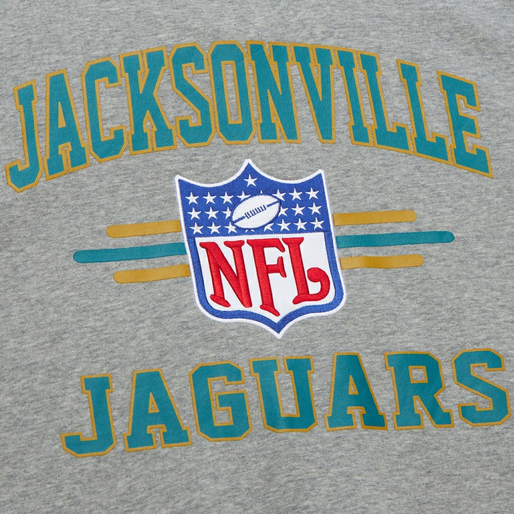 Jacksonville Jaguars All Over 4.0 Vintage Logo Pullover Sweatshirt Heather Gray | Mitchell & Ness