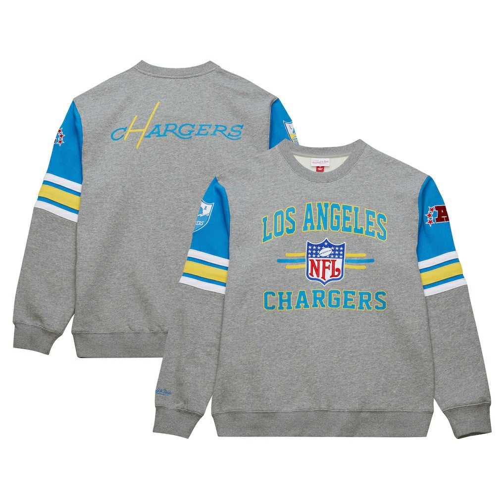 Los Angeles Chargers All Over 4.0 Vintage Logo Pullover Sweatshirt Heather Gray | Mitchell & Ness
