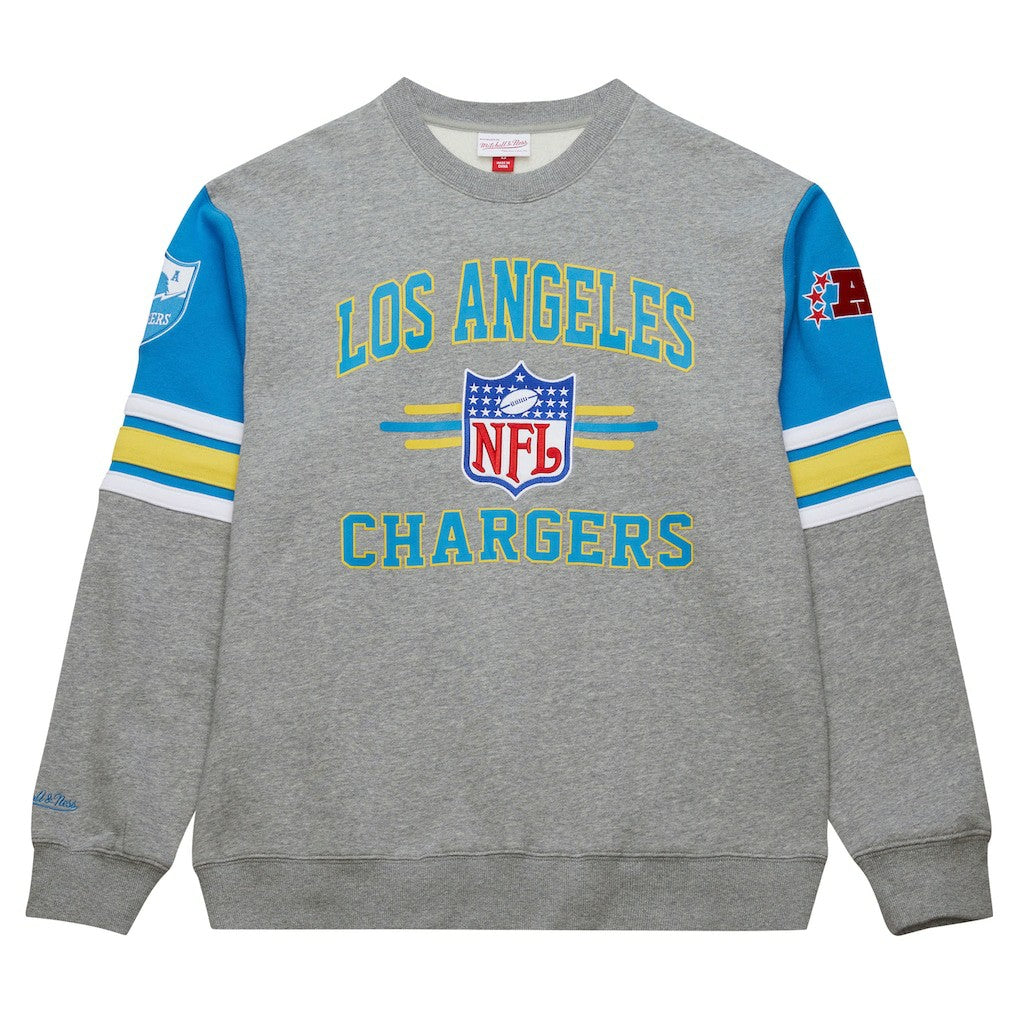 Los Angeles Chargers All Over 4.0 Vintage Logo Pullover Sweatshirt Heather Gray | Mitchell & Ness