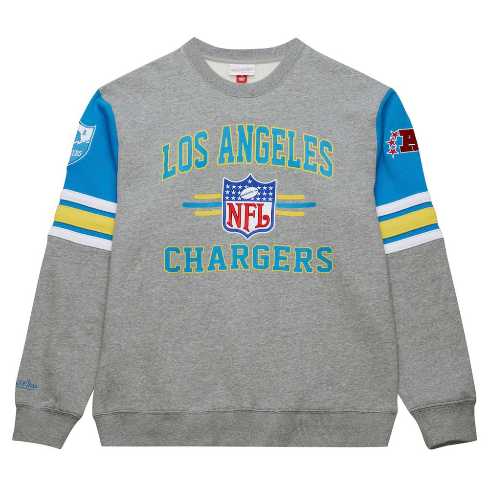 Los Angeles Chargers All Over 4.0 Vintage Logo Pullover Sweatshirt Heather Gray | Mitchell & Ness