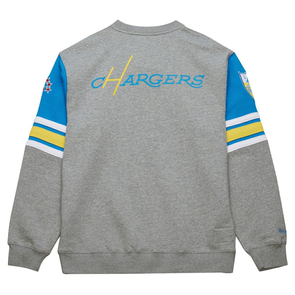 Los Angeles Chargers All Over 4.0 Vintage Logo Pullover Sweatshirt Heather Gray | Mitchell & Ness
