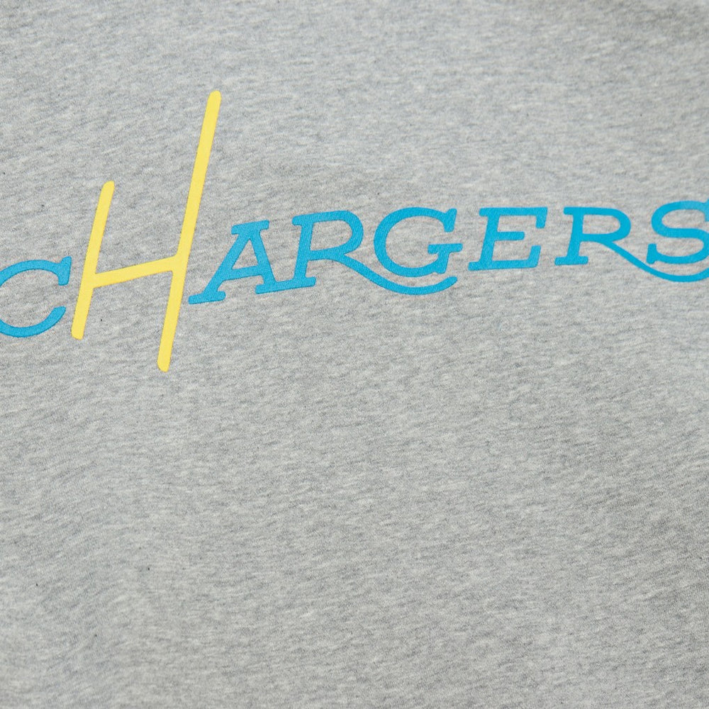 Los Angeles Chargers All Over 4.0 Vintage Logo Pullover Sweatshirt Heather Gray | Mitchell & Ness