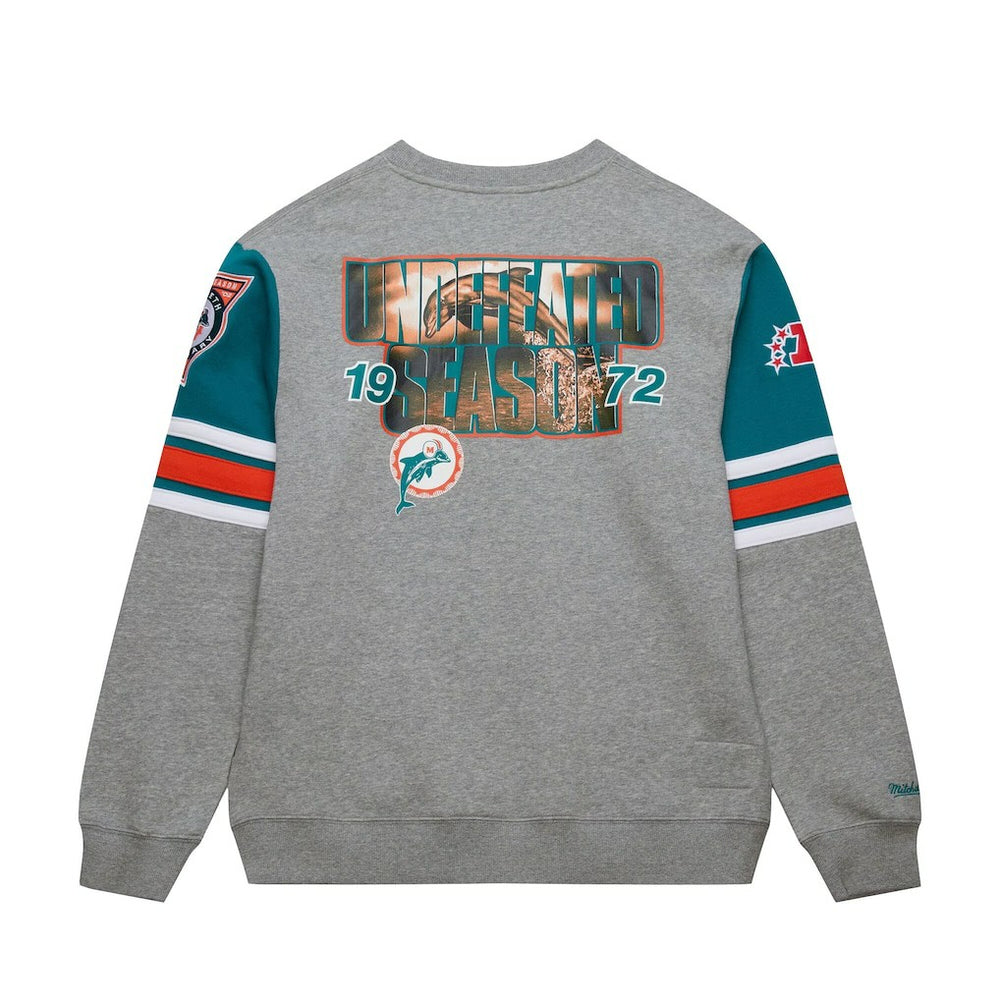Miami Dolphins All Over 4.0 Vintage Logo Pullover Sweatshirt Heather Gray | Mitchell & Ness