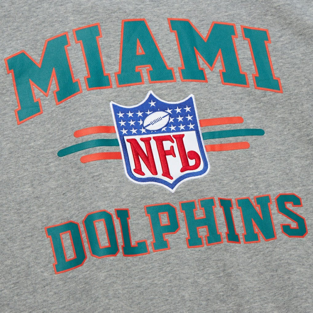 Miami Dolphins All Over 4.0 Vintage Logo Pullover Sweatshirt Heather Gray | Mitchell & Ness
