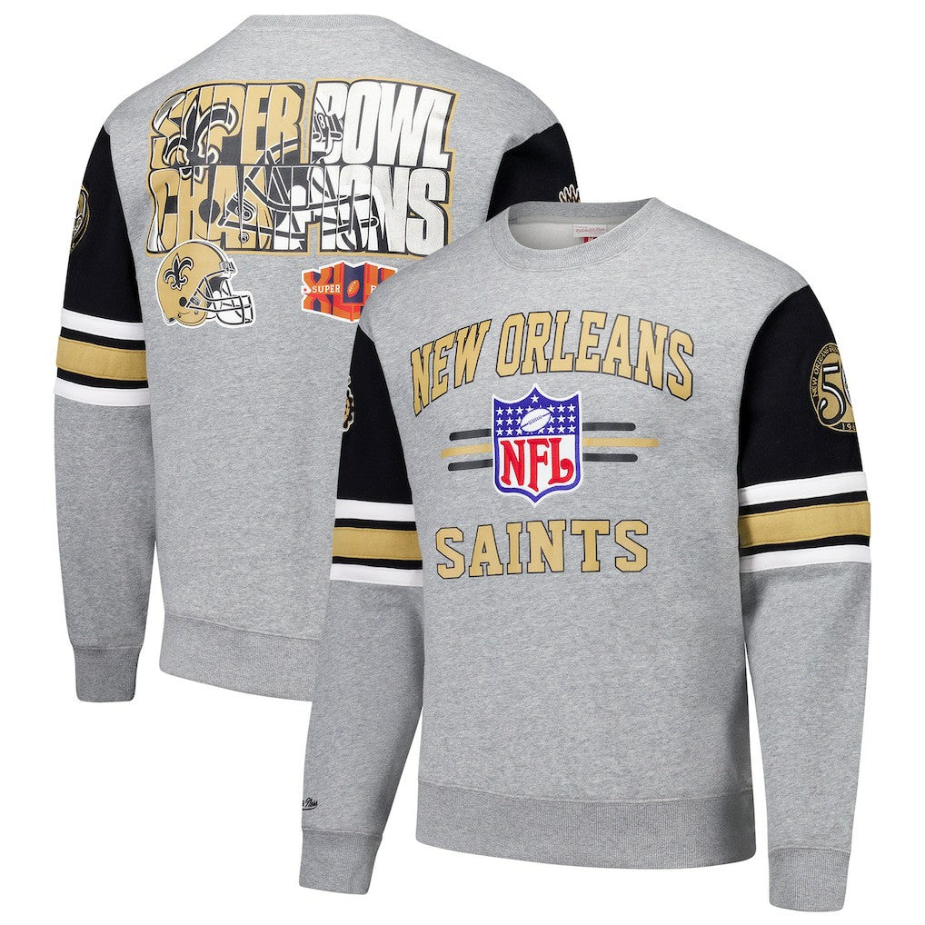 New Orleans Saints All Over 4.0 Vintage Logo Pullover Sweatshirt Heather Gray | Mitchell & Ness