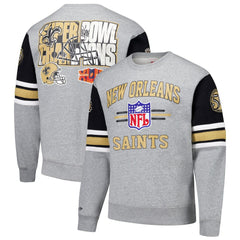 New Orleans Saints All Over 4.0 Vintage Logo Pullover Sweatshirt Heather Gray | Mitchell & Ness