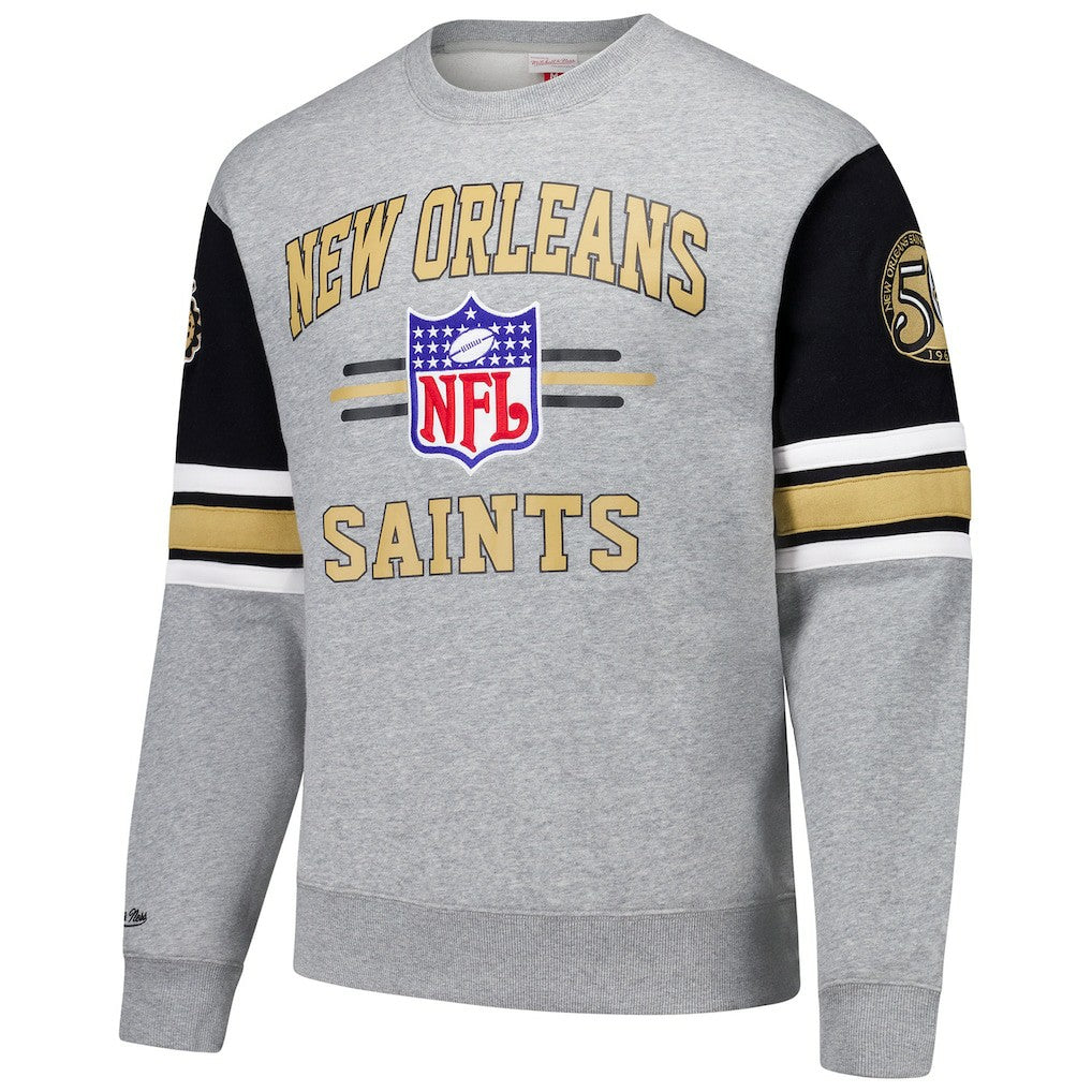 New Orleans Saints All Over 4.0 Vintage Logo Pullover Sweatshirt Heather Gray | Mitchell & Ness