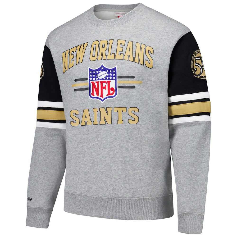 New Orleans Saints All Over 4.0 Vintage Logo Pullover Sweatshirt Heather Gray | Mitchell & Ness