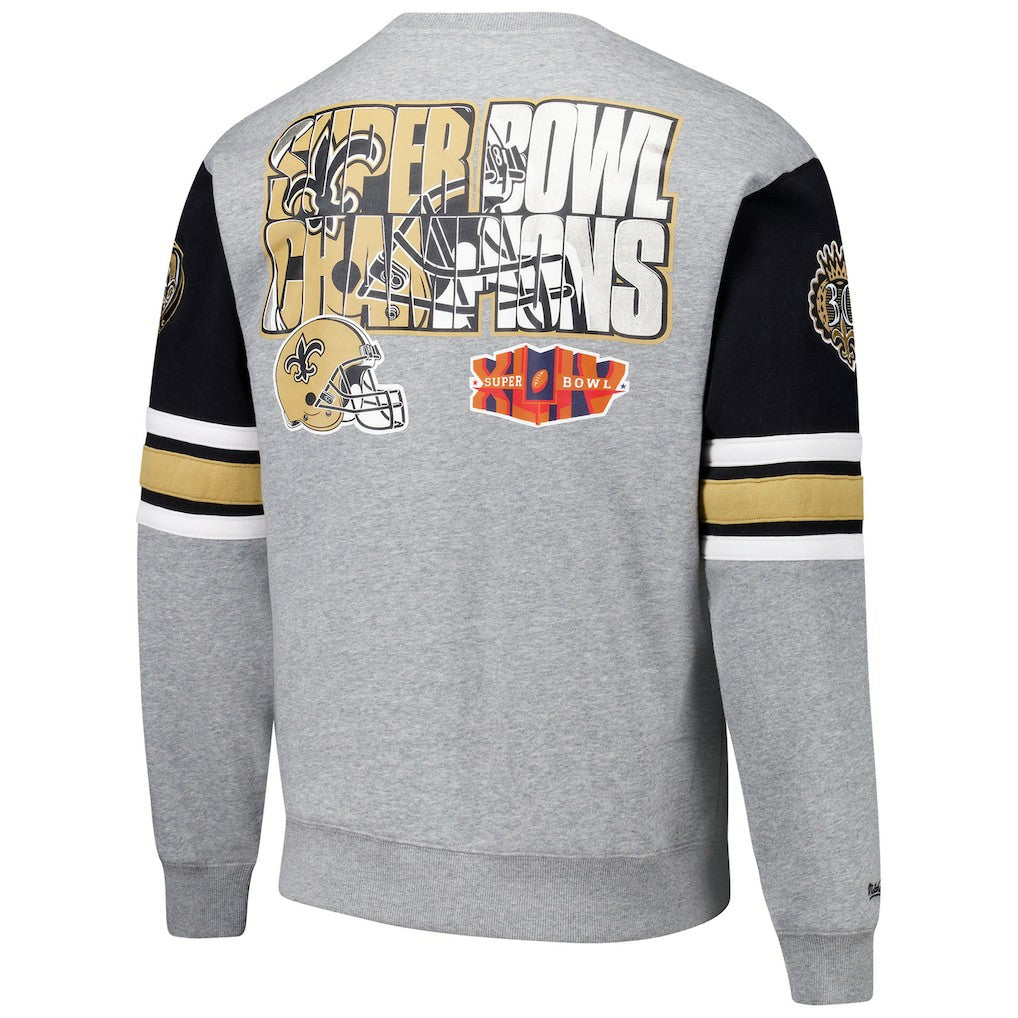 New Orleans Saints All Over 4.0 Vintage Logo Pullover Sweatshirt Heather Gray | Mitchell & Ness