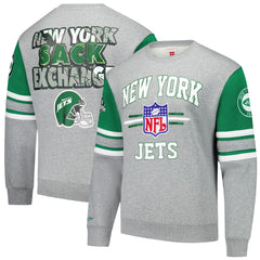 New York Jets All Over 4.0 Vintage Logo Pullover Sweatshirt Heather Gray | Mitchell & Ness