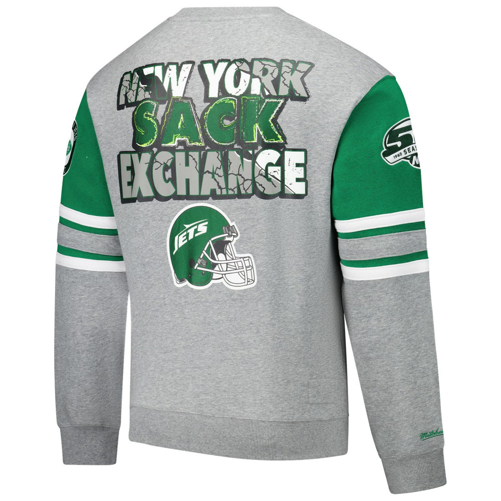 New York Jets All Over 4.0 Vintage Logo Pullover Sweatshirt Heather Gray | Mitchell & Ness