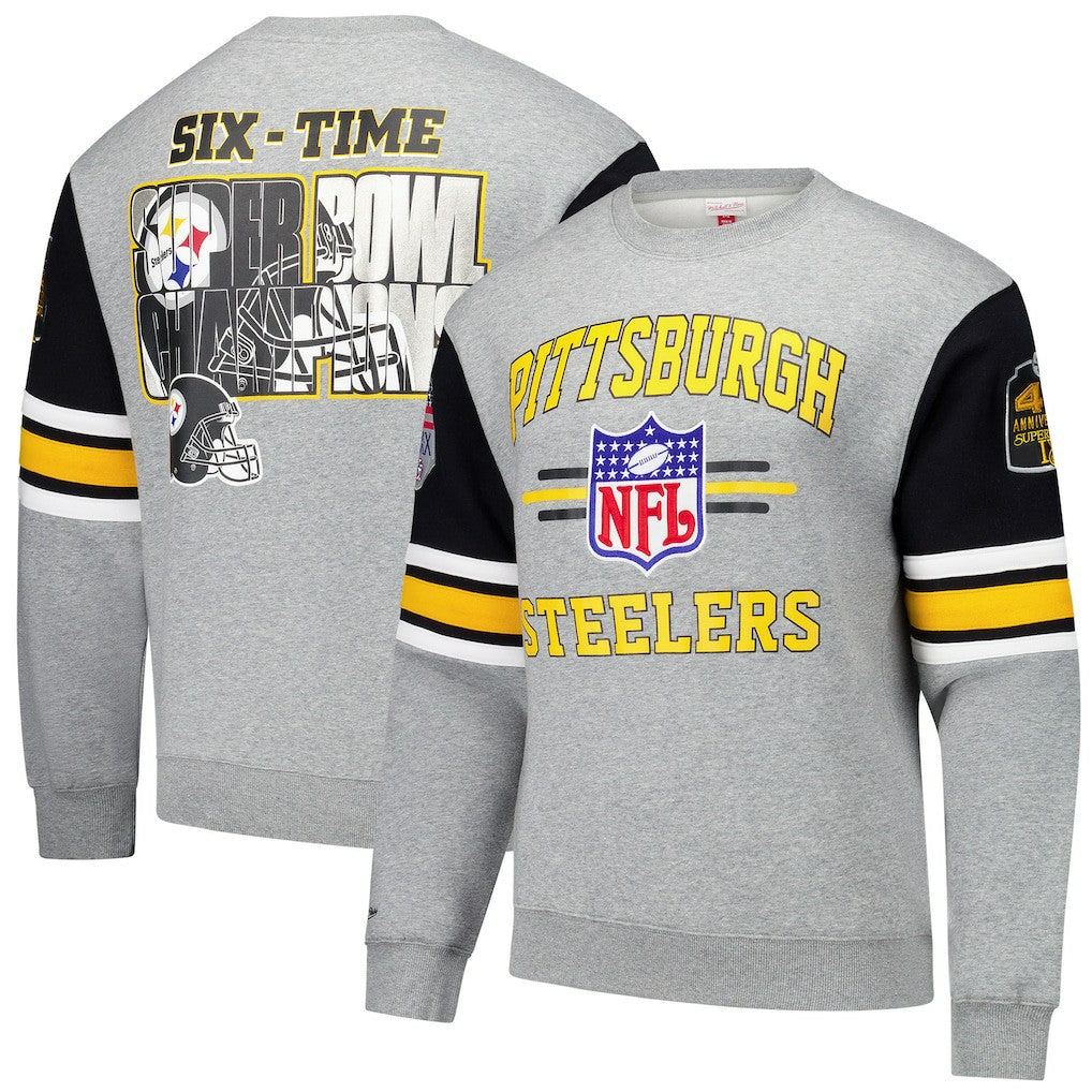 Pittsburgh Steelers All Over 4.0 Vintage Logo Pullover Sweatshirt Heather Gray | Mitchell & Ness