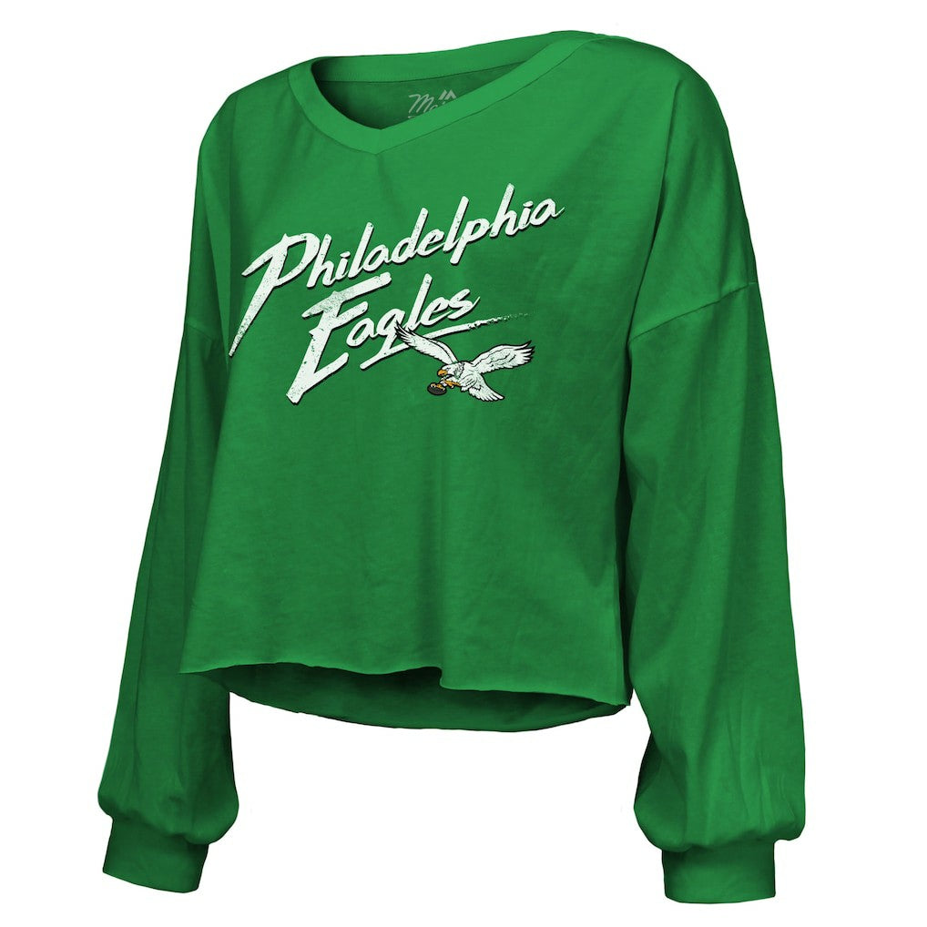 Saquon Barkley Philadelphia Eagles Majestic Threads Women's Name & Number Off-Shoulder Script Cropped Long Sleeve Relaxed V-Neck T-Shirt Kelly Green | NFL