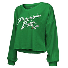 Saquon Barkley Philadelphia Eagles Majestic Threads Women's Name & Number Off-Shoulder Script Cropped Long Sleeve Relaxed V-Neck T-Shirt Kelly Green | NFL