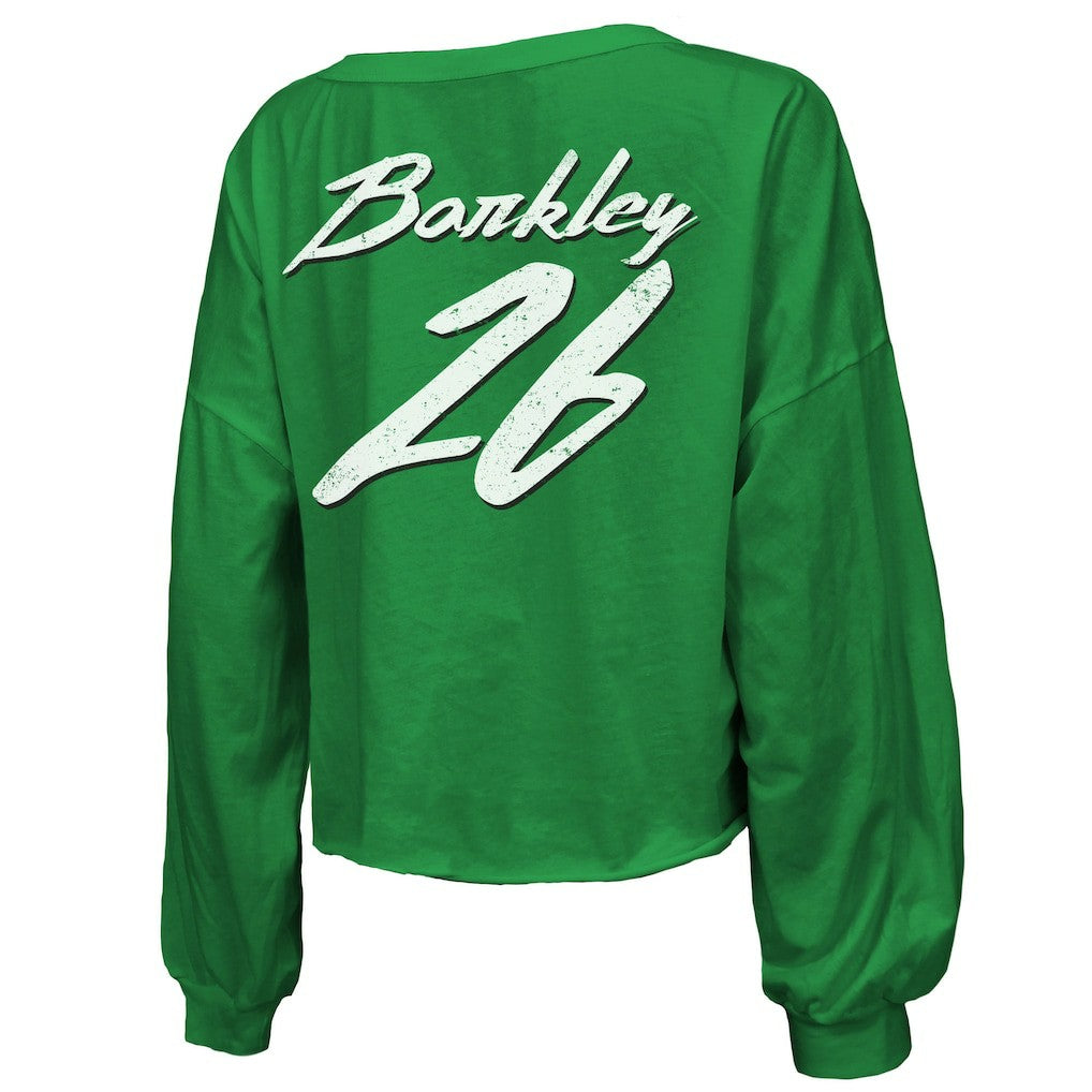 Saquon Barkley Philadelphia Eagles Majestic Threads Women's Name & Number Off-Shoulder Script Cropped Long Sleeve Relaxed V-Neck T-Shirt Kelly Green | NFL