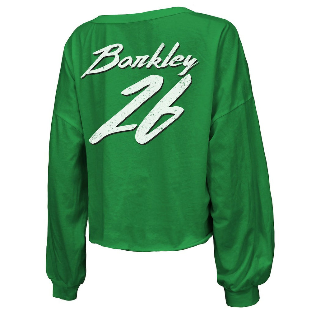 Saquon Barkley Philadelphia Eagles Majestic Threads Women's Name & Number Off-Shoulder Script Cropped Long Sleeve Relaxed V-Neck T-Shirt Kelly Green | NFL