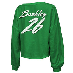 Saquon Barkley Philadelphia Eagles Majestic Threads Women's Name & Number Off-Shoulder Script Cropped Long Sleeve Relaxed V-Neck T-Shirt Kelly Green | NFL