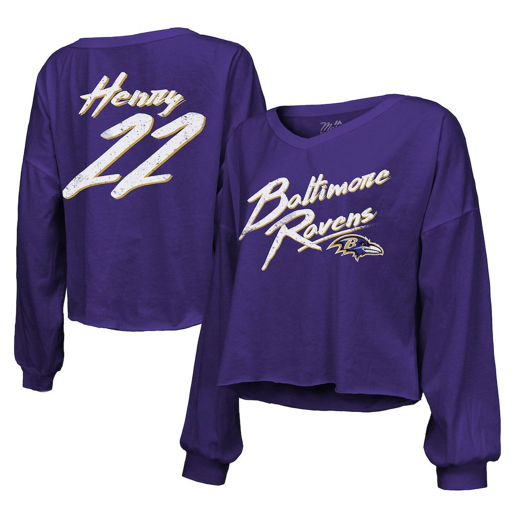 Derrick Henry Baltimore Ravens Majestic Threads Women's Name & Number Off-Shoulder Script Cropped Long Sleeve Relaxed V-Neck T-Shirt Purple | NFL