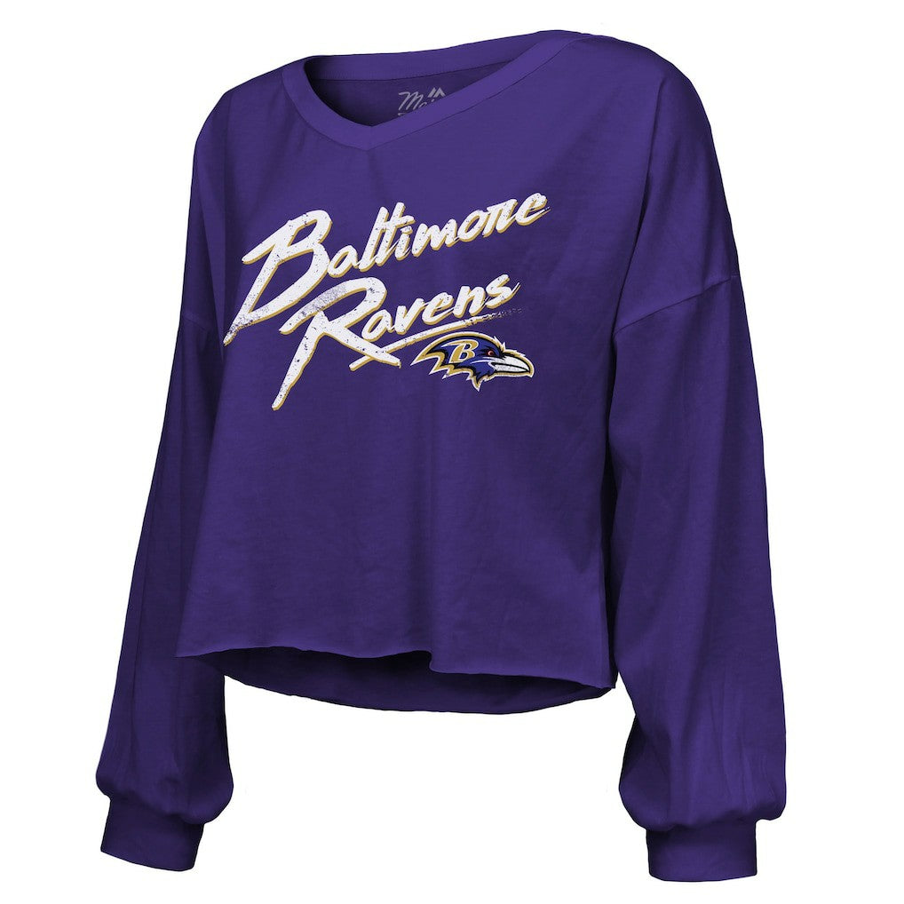 Derrick Henry Baltimore Ravens Majestic Threads Women's Name & Number Off-Shoulder Script Cropped Long Sleeve Relaxed V-Neck T-Shirt Purple | NFL