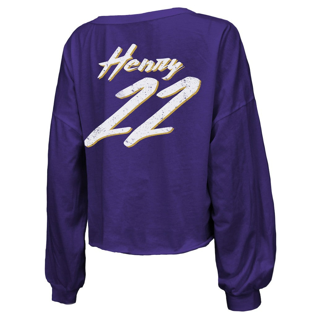 Derrick Henry Baltimore Ravens Majestic Threads Women's Name & Number Off-Shoulder Script Cropped Long Sleeve Relaxed V-Neck T-Shirt Purple | NFL