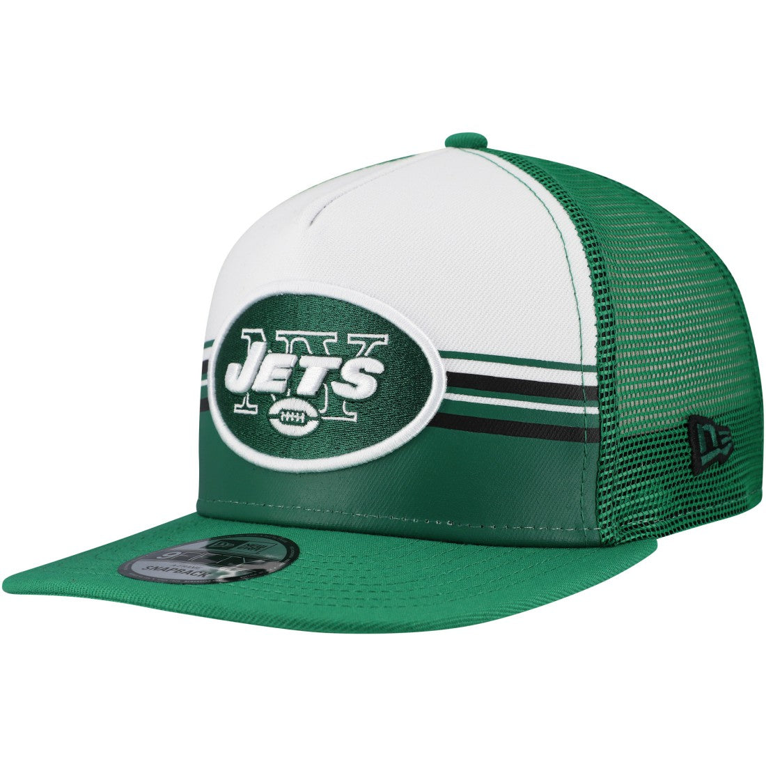 New York Jets New Era Striped A-Frame 9FIFTY Adjustable Trucker Snapback Hat White/Green | NFL