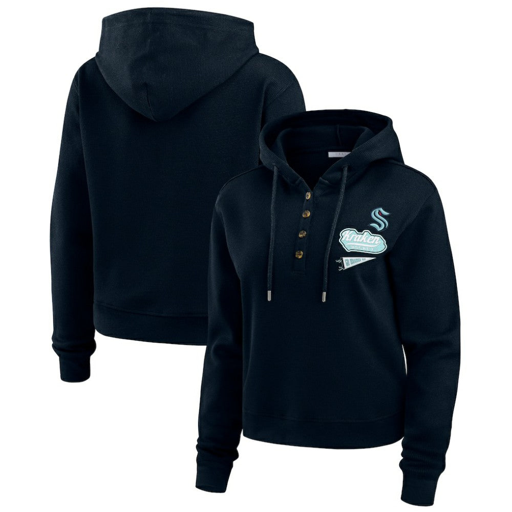 Seattle Kraken WEAR by Erin Andrews Women's Waffle-Knit Pullover Hoodie - Deep Sea Blue - NHL