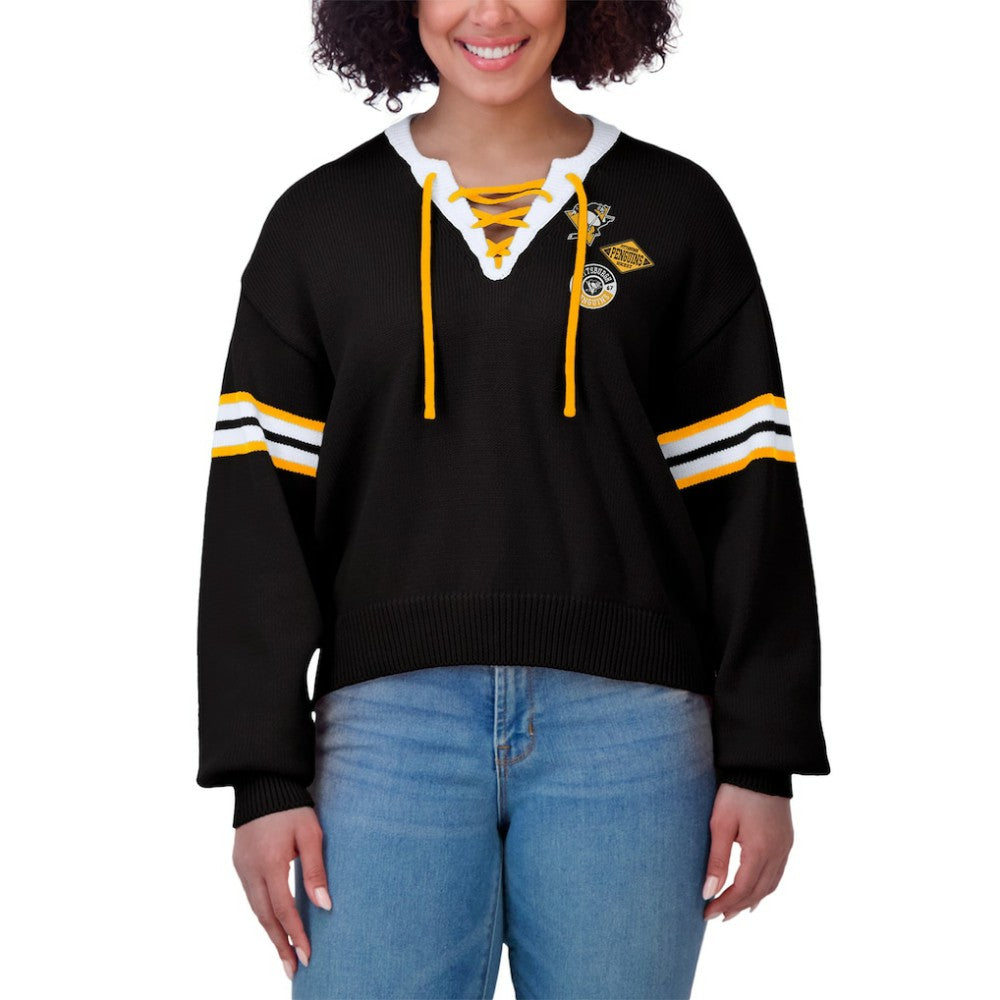 Pittsburgh Penguins WEAR by Erin Andrews Women's Cropped Lace-Up Sweater - Black - NHL