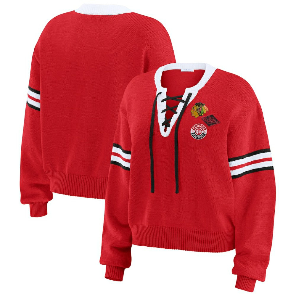 Chicago Blackhawks WEAR by Erin Andrews Women's Cropped Lace-Up Sweater - Red - NHL