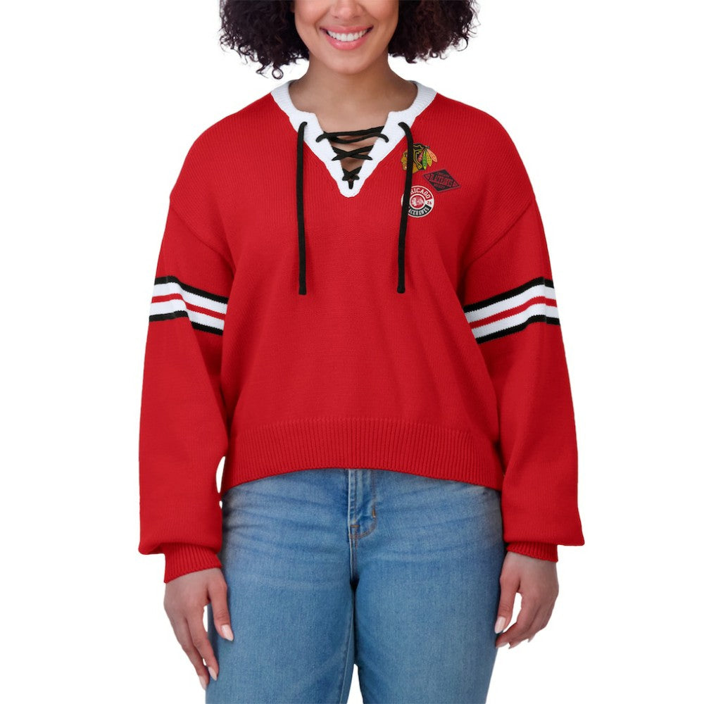 Chicago Blackhawks WEAR by Erin Andrews Women's Cropped Lace-Up Sweater - Red - NHL