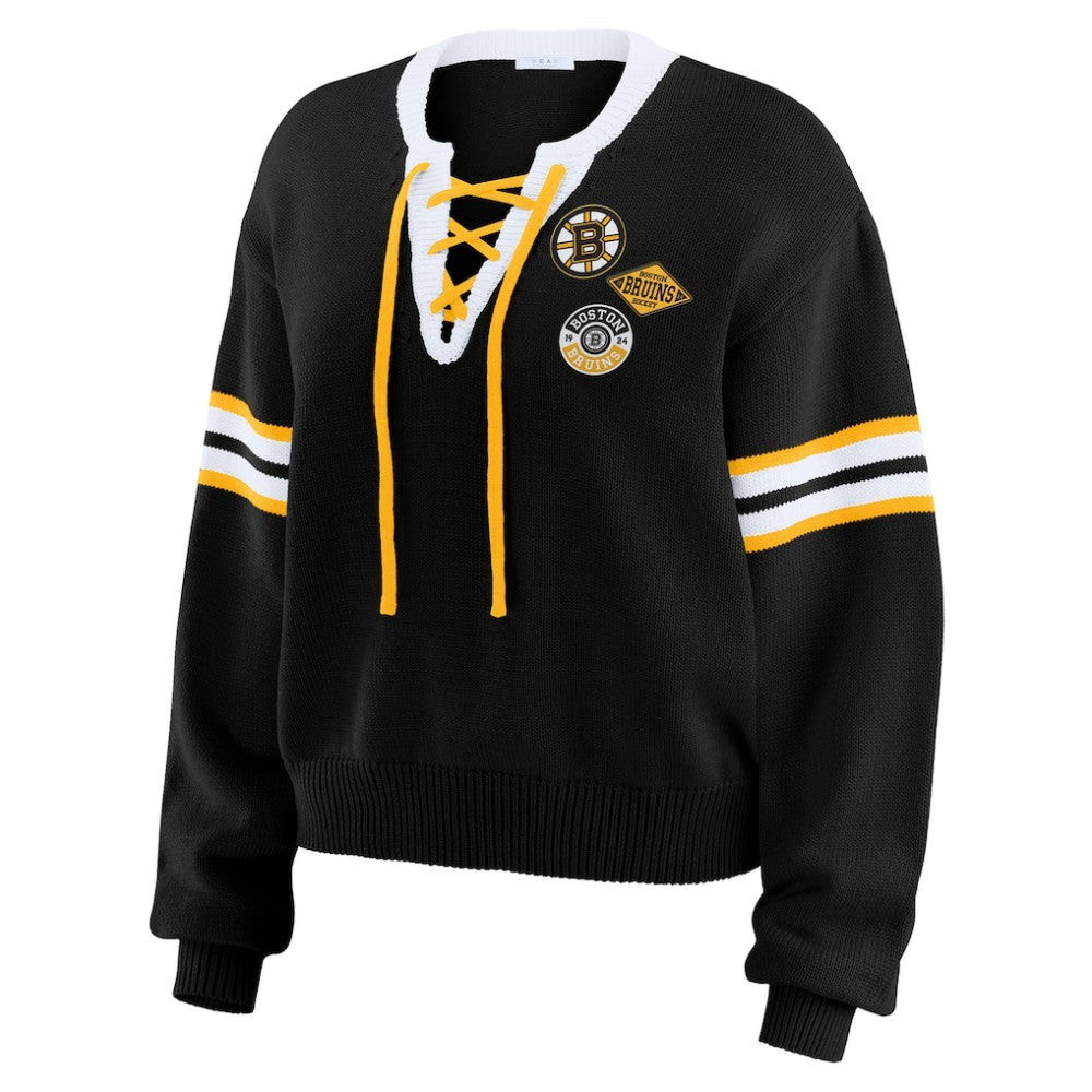 Boston Bruins WEAR by Erin Andrews Women's Cropped Lace-Up Sweater - Black - NHL