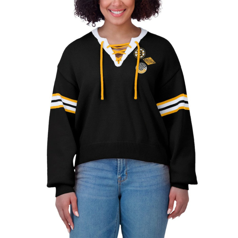 Boston Bruins WEAR by Erin Andrews Women's Cropped Lace-Up Sweater - Black - NHL