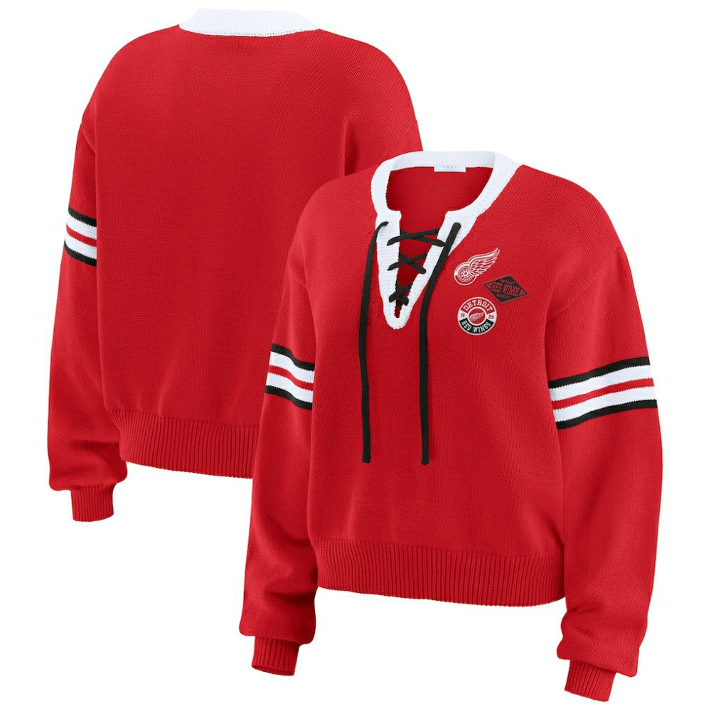 Detroit Red Wings WEAR by Erin Andrews Women's Cropped Lace-Up Sweater - Red - NHL