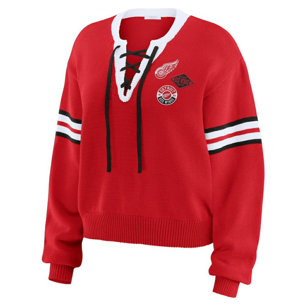 Detroit Red Wings WEAR by Erin Andrews Women's Cropped Lace-Up Sweater - Red - NHL