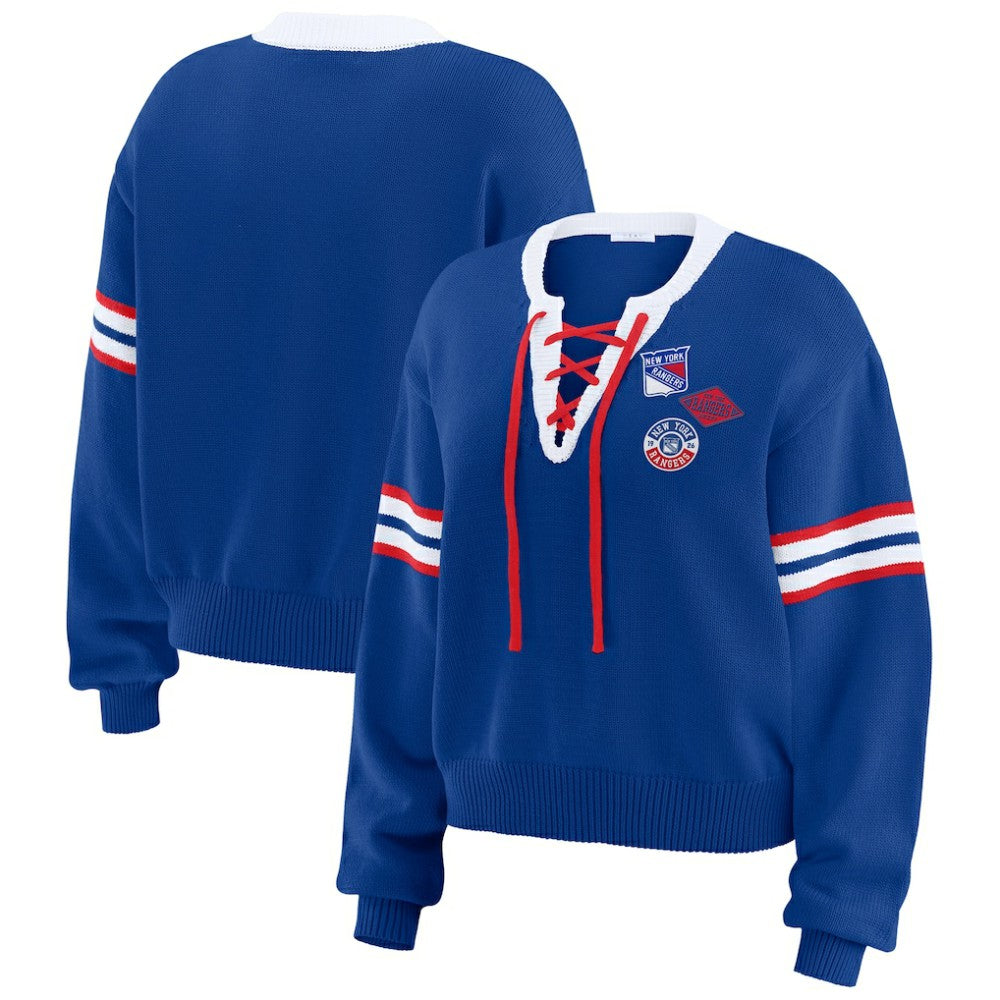 New York Rangers WEAR by Erin Andrews Women's Cropped Lace-Up Sweater - Blue - NHL