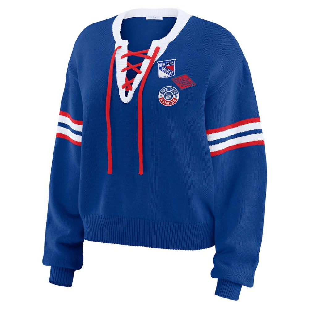 New York Rangers WEAR by Erin Andrews Women's Cropped Lace-Up Sweater - Blue - NHL