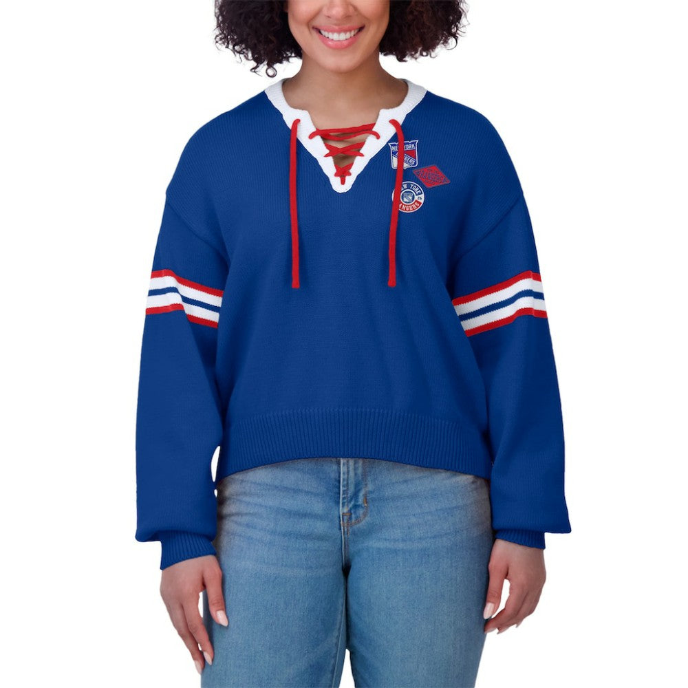 New York Rangers WEAR by Erin Andrews Women's Cropped Lace-Up Sweater - Blue - NHL