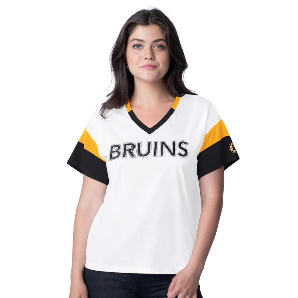 Boston Bruins G-III 4Her by Carl Banks Women's Rink Oversized Rhinestone V-Neck T-Shirt - White - NHL