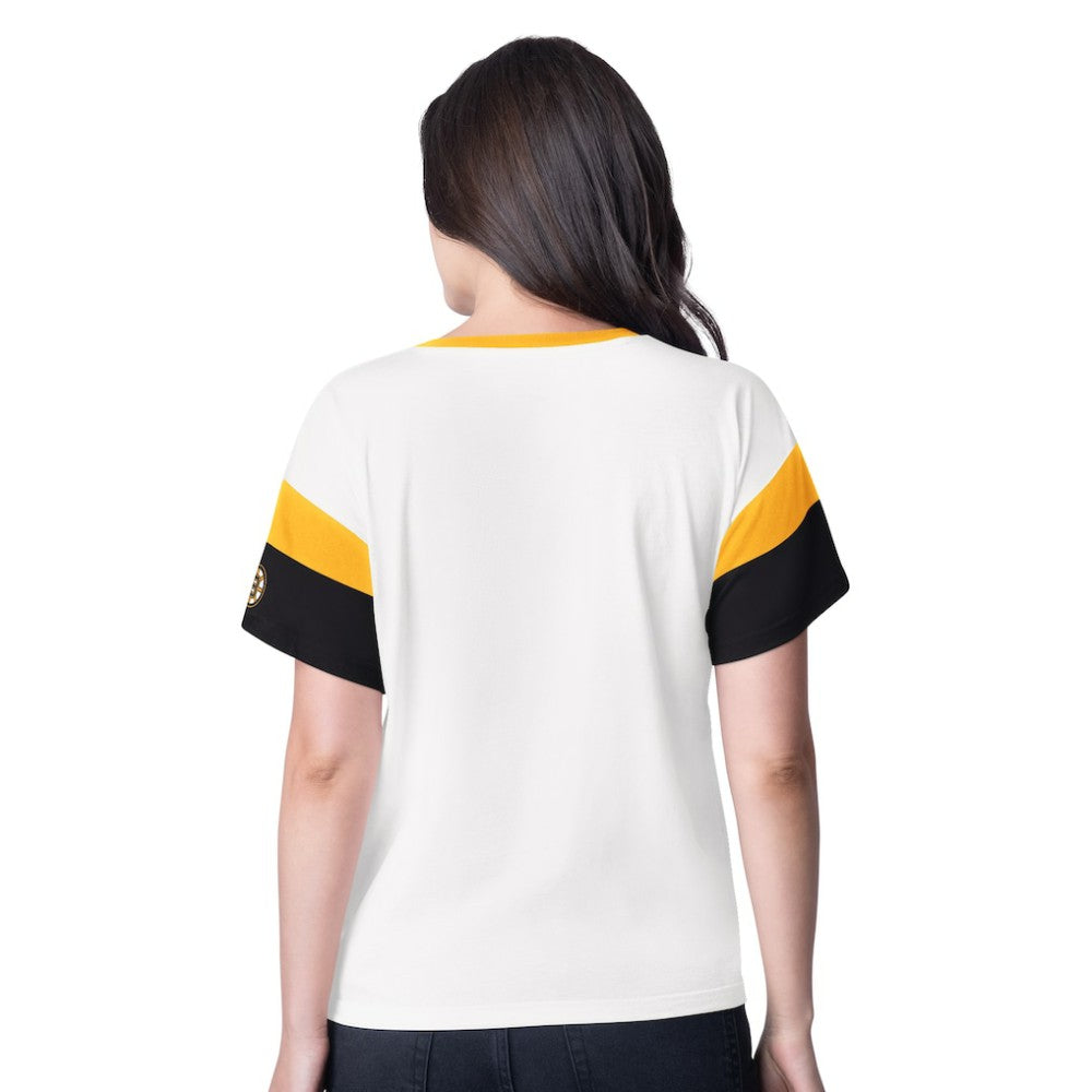 Boston Bruins G-III 4Her by Carl Banks Women's Rink Oversized Rhinestone V-Neck T-Shirt - White - NHL