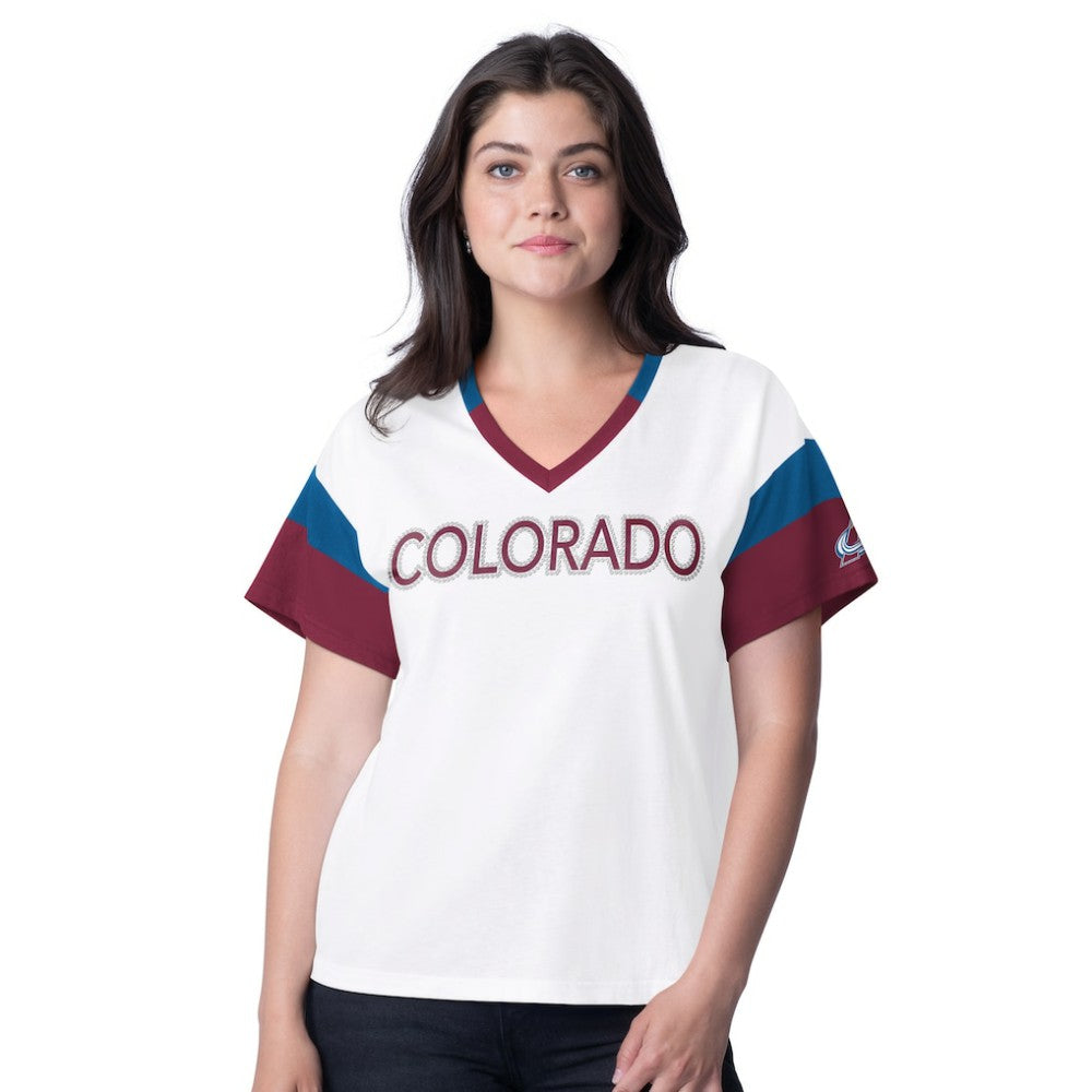Colorado Avalanche G-III 4Her by Carl Banks Women's Rink Oversized Rhinestone V-Neck T-Shirt - White - NHL
