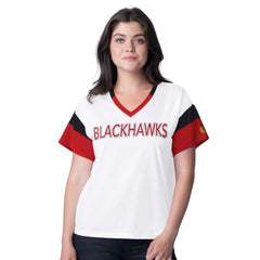 Chicago Blackhawks G-III 4Her by Carl Banks Women's Rink Oversized Rhinestone V-Neck T-Shirt - White - NHL