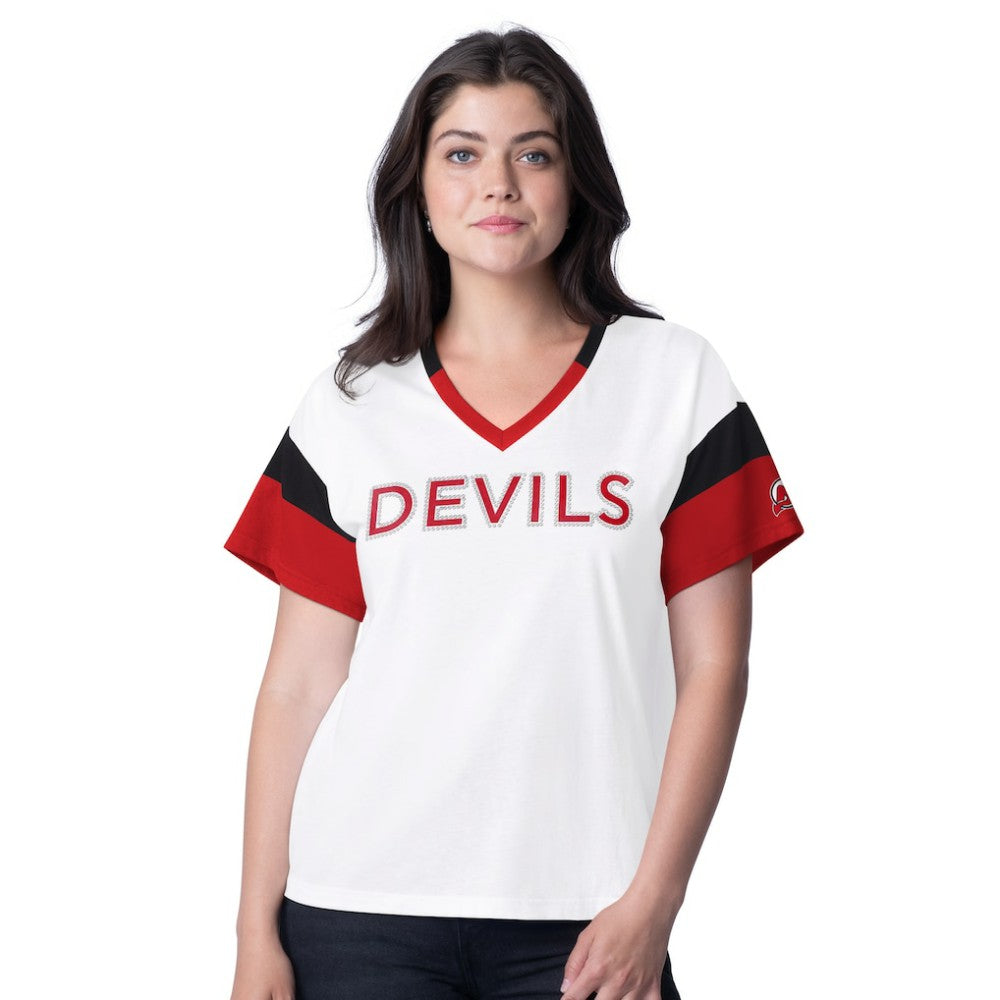 New Jersey Devils G-III 4Her by Carl Banks Women's Rink Oversized Rhinestone V-Neck T-Shirt - White - NHL