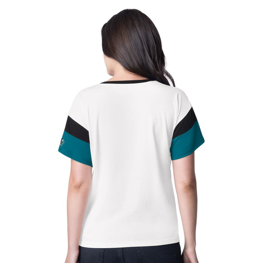 San Jose Sharks G-III 4Her by Carl Banks Women's Rink Oversized Rhinestone V-Neck T-Shirt - White - NHL