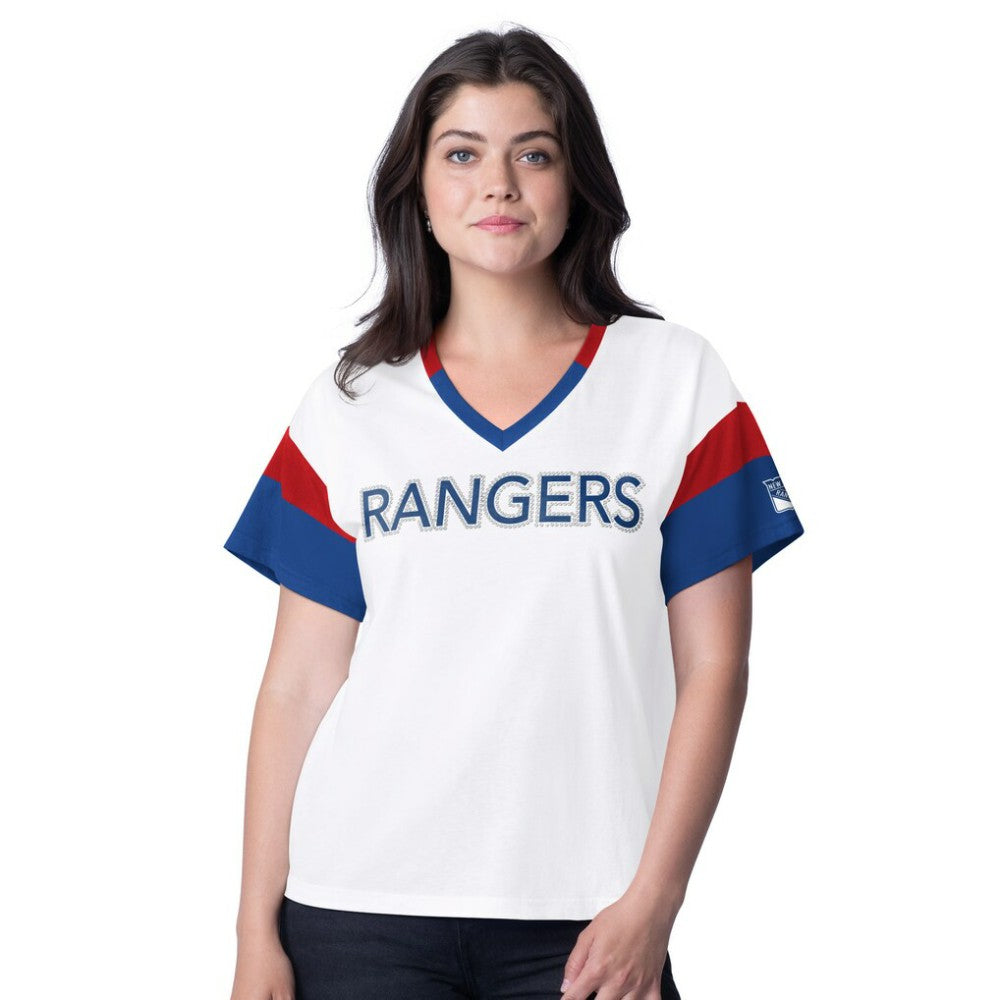 New York Rangers G-III 4Her by Carl Banks Women's Rink Oversized Rhinestone V-Neck T-Shirt - White - NHL