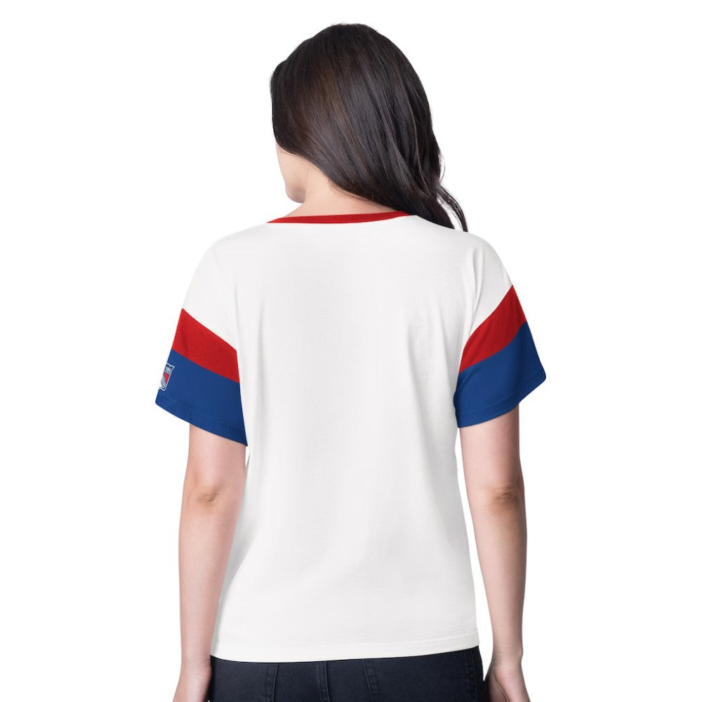 New York Rangers G-III 4Her by Carl Banks Women's Rink Oversized Rhinestone V-Neck T-Shirt - White - NHL
