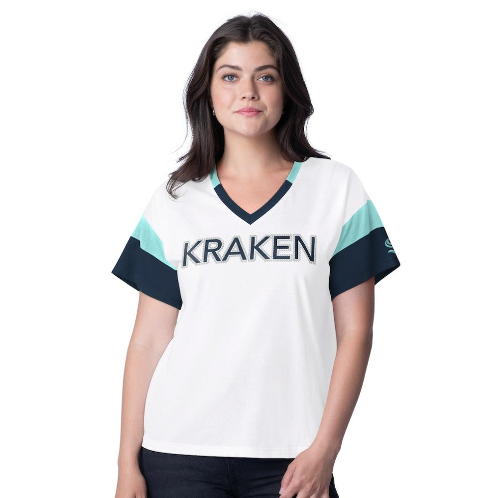 Seattle Kraken G-III 4Her by Carl Banks Women's Rink Oversized Rhinestone V-Neck T-Shirt - White - NHL