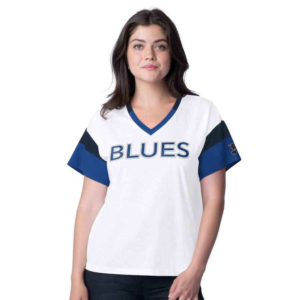 St. Louis Blues G-III 4Her by Carl Banks Women's Rink Oversized Rhinestone V-Neck T-Shirt - White - NHL