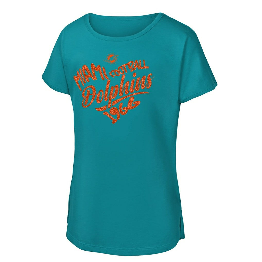 Miami Dolphins Girls Youth Script Heart Dolman T-Shirt Aqua | NFL