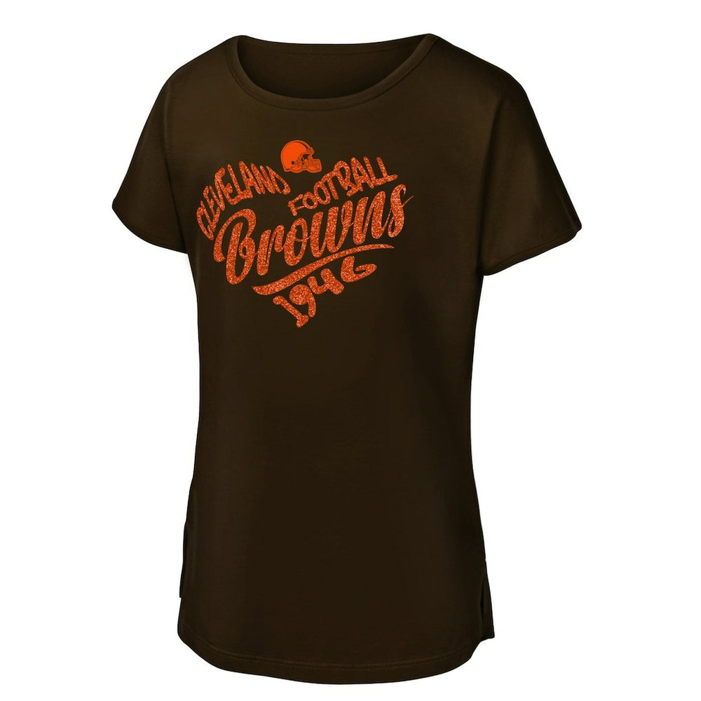 Cleveland Browns Girls Youth Script Heart Dolman T-Shirt Brown | NFL